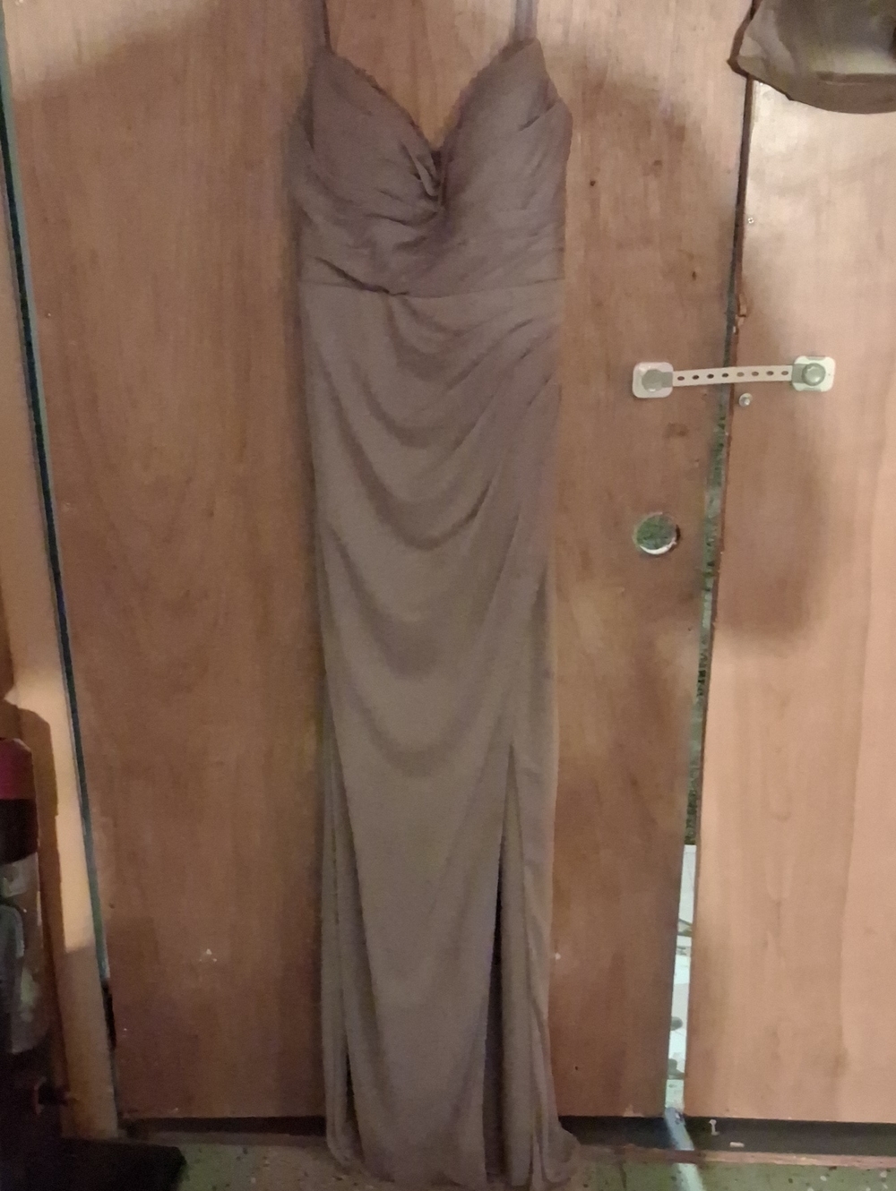 Azazie Taupe Strapless Ruched Maxi Dress with Side Slit